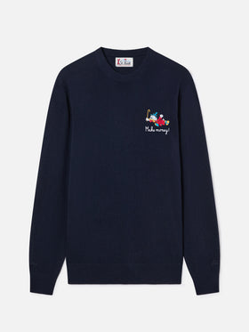 Azul marino blue Heron jersey de cuello redondo en mezcla ligera de lana y cachemira con bordado de Scrooge McDuck | Special edition 