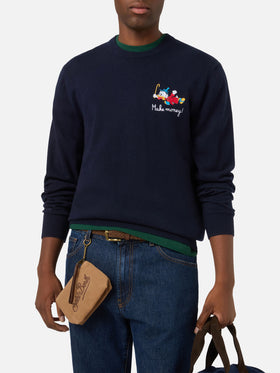 Azul marino blue Heron jersey de cuello redondo en mezcla ligera de lana y cachemira con bordado de Scrooge McDuck | Special edition 