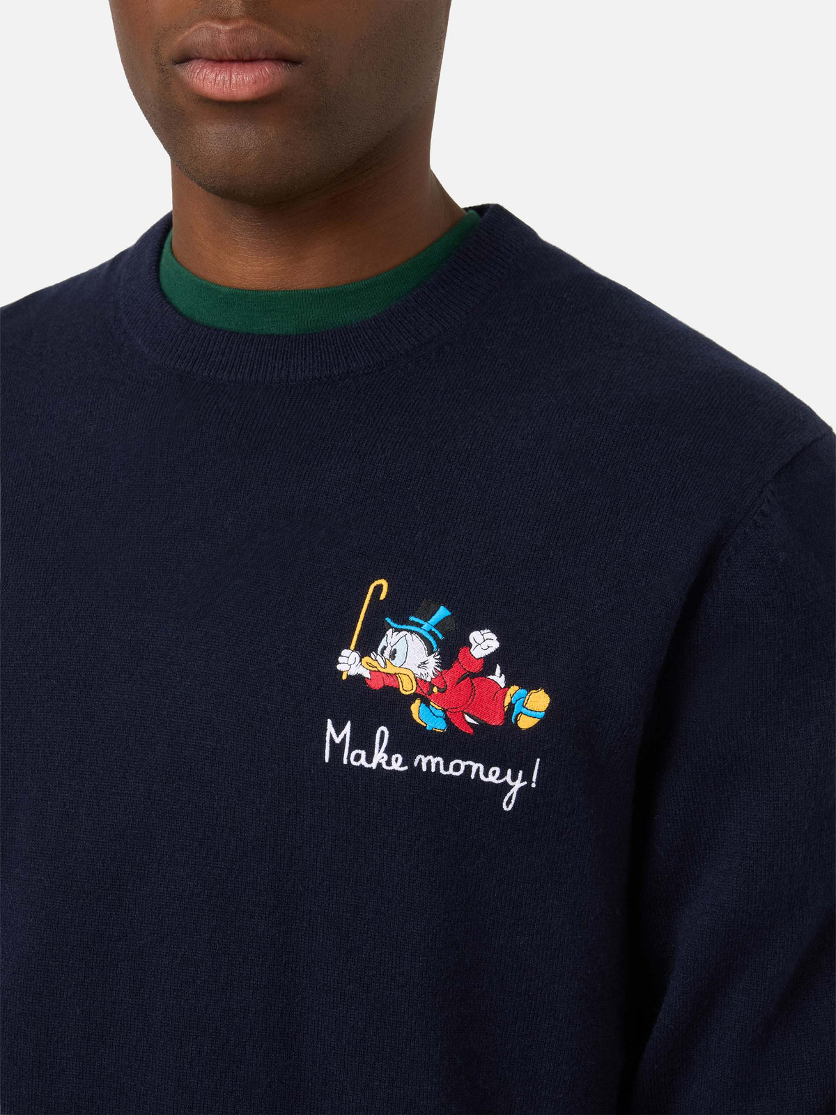 Azul marino blue Heron jersey de cuello redondo en mezcla ligera de lana y cachemira con bordado de Scrooge McDuck | Special edition 