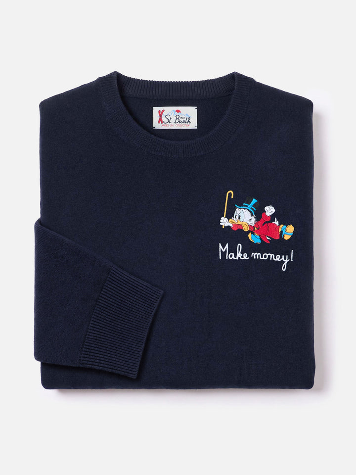 Heron bleu marine blue col rond en mélange léger de laine et cachemire avec broderie Scrooge McDuck | Special edition 