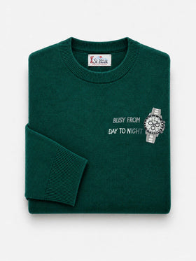 Dark green Heron Light crewneck sweater with Busy from day to night heart embroidery