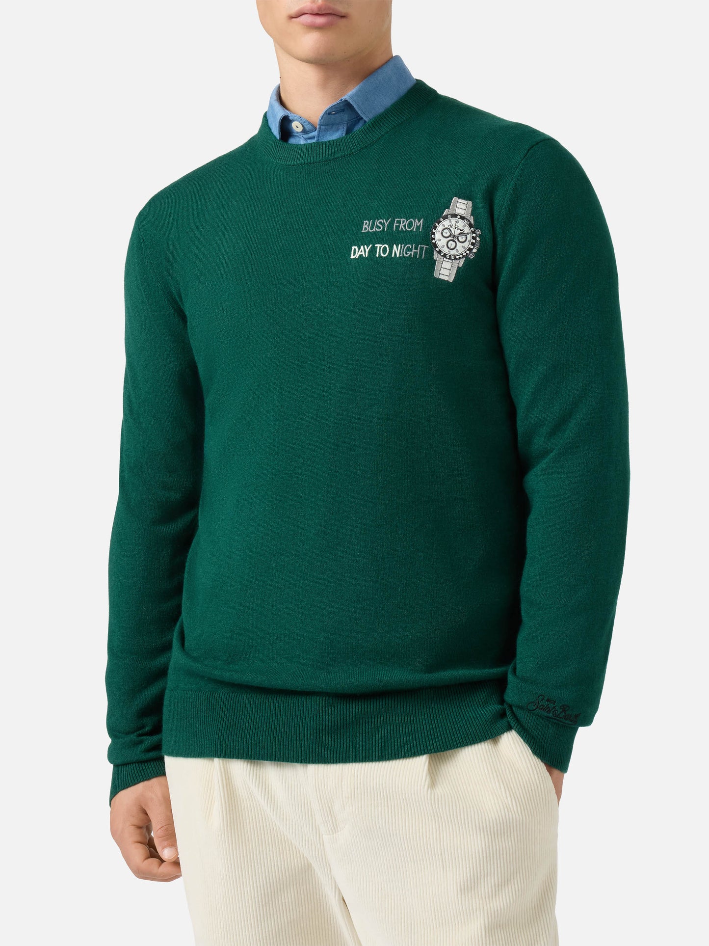 Rundhalspullover Heron Light mit Stickerei „Vom Tag zum Abend unterwegs“