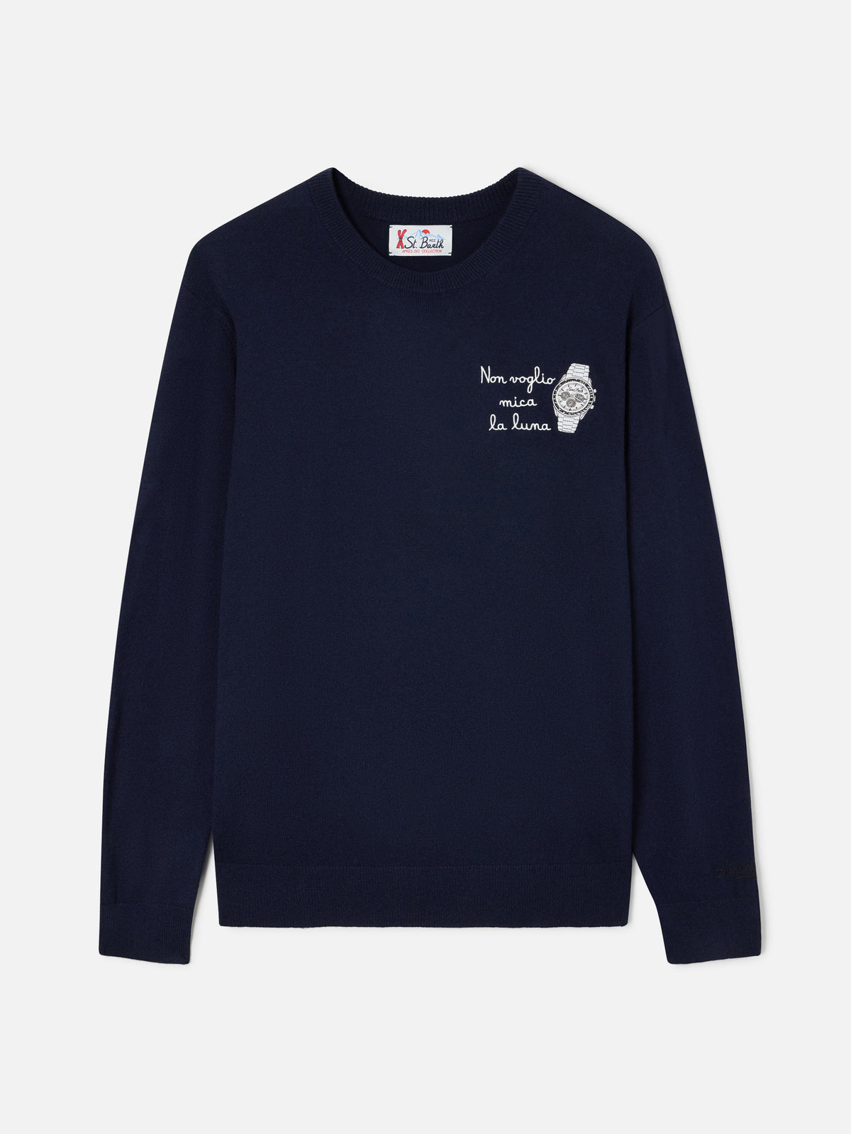 Navy blue Heron Rundhalspullover aus leichter Woll- und Kaschmirmischung mit Non Voglio Mica La Luna-Stickerei 