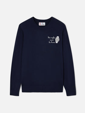 Navy blue Heron Rundhalspullover aus leichter Woll- und Kaschmirmischung mit Non Voglio Mica La Luna-Stickerei 