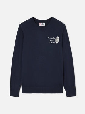 Navy blue Heron Rundhalspullover aus leichter Woll- und Kaschmirmischung mit Non Voglio Mica La Luna-Stickerei 