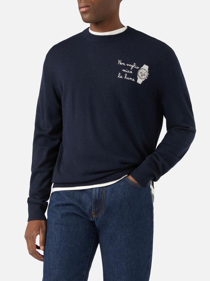 Maglia girocollo Heron Light blu navy in misto lana e cashmere con ricamo Non Voglio Mica La Luna