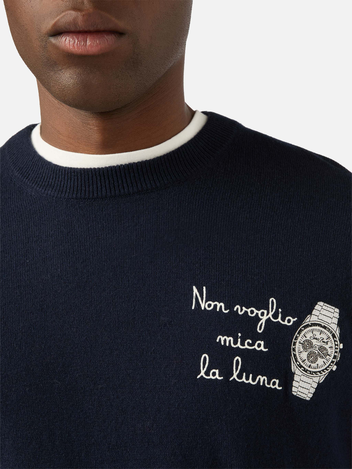 Navy blue Heron Rundhalspullover aus leichter Woll- und Kaschmirmischung mit Non Voglio Mica La Luna-Stickerei 