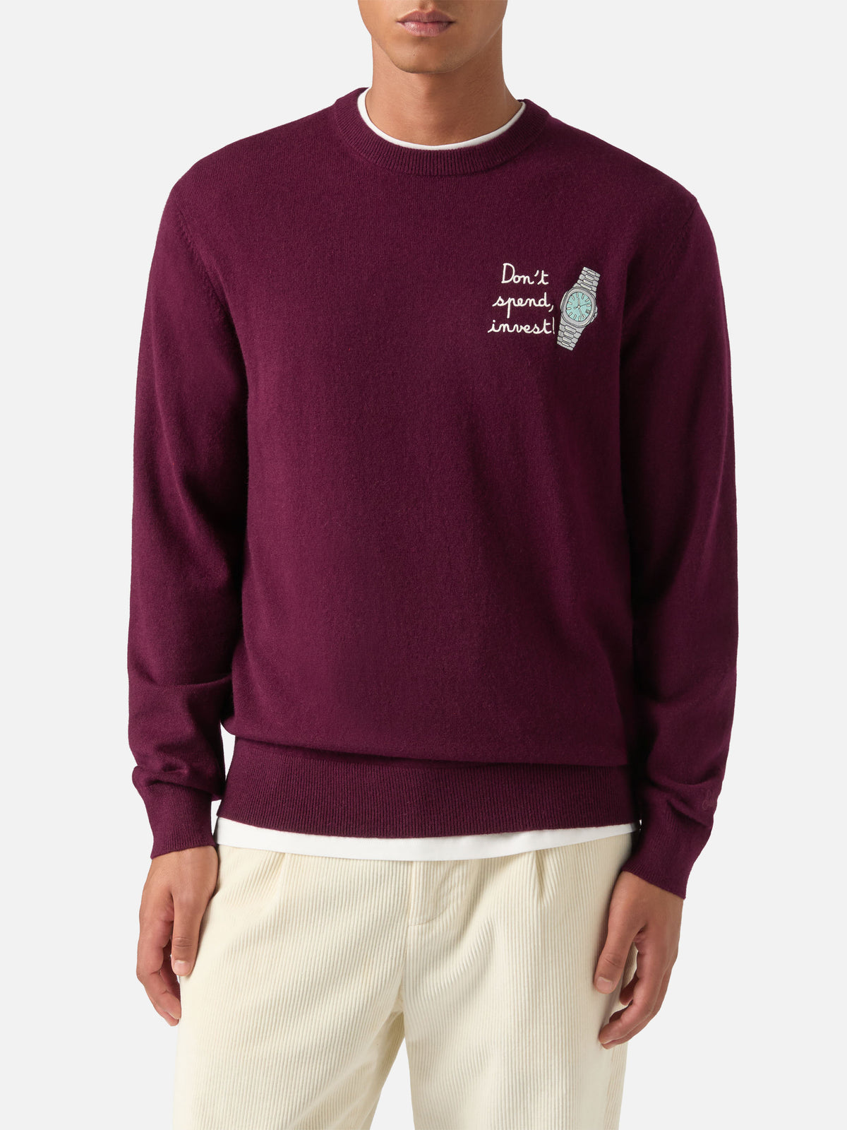 Burgundy Heron Light wool and cashmere blend crewneck with Don't Spend, Invest embroidery