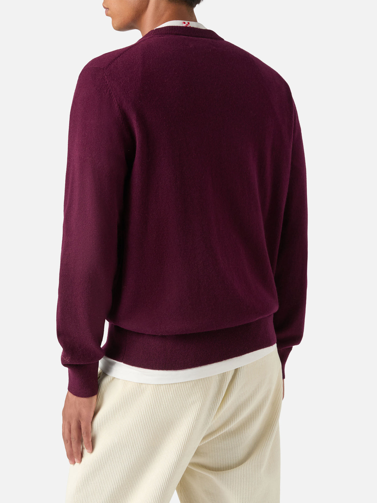 Burgundy Heron Light wool and cashmere blend crewneck with Don't Spend, Invest embroidery
