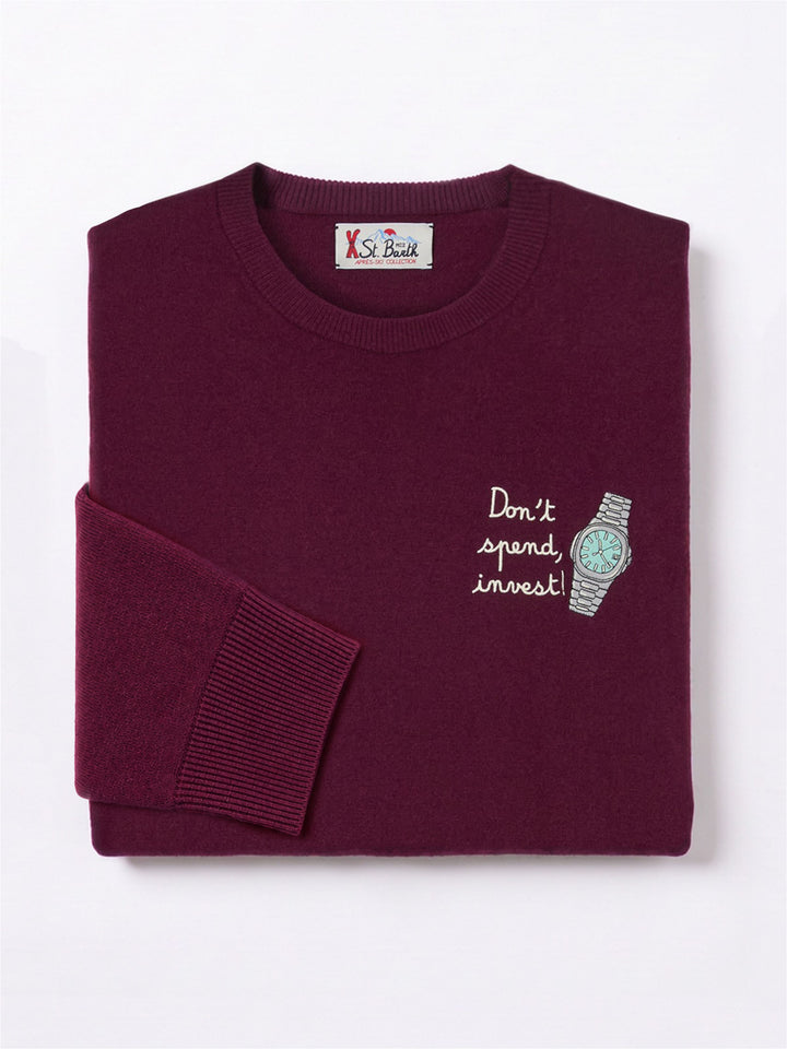Pull col rond Burgundy Heron en laine légère mélangée et cachemire avec broderie Don't Spend, Invest 