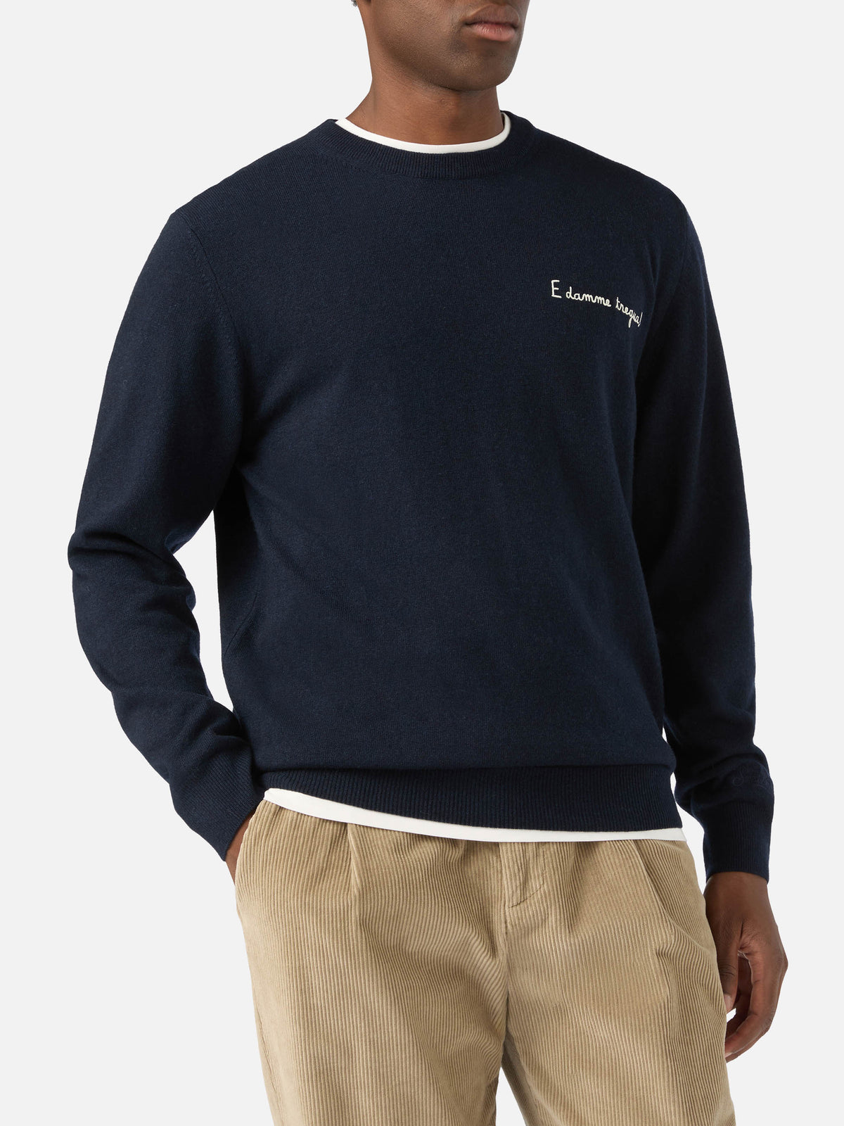 Navy blue Heron Light wool and cashmere blend crewneck with E Damme Tregua embroidery | Special edition