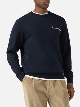 Navy blue Heron Light wool and cashmere blend crewneck with E Damme Tregua embroidery | Special edition