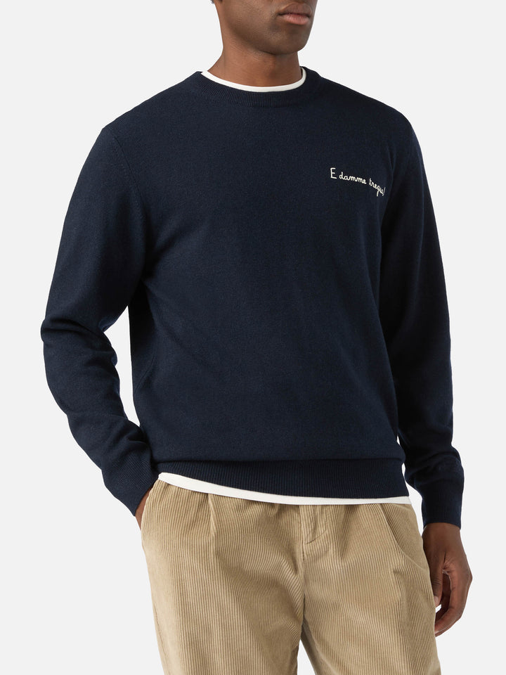 Maglia girocollo Heron Light blu navy in misto lana e cashmere con ricamo E Damme Tregua | Special edition
