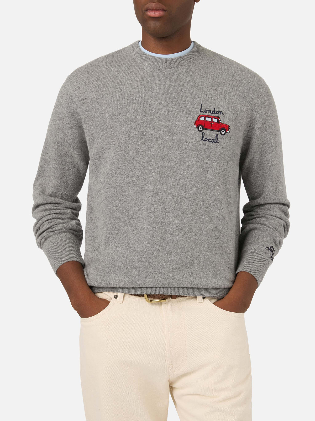 Grey Heron Light wool and cashmere blend crewneck with Mini embroidery | Special edition