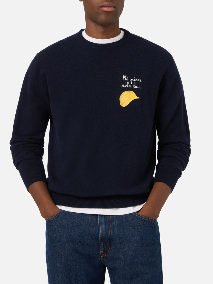 Navy blue Heron Rundhalspullover aus leichtem Woll- und Kaschmir-Mix mit Amica Chips Stickerei | Special edition 