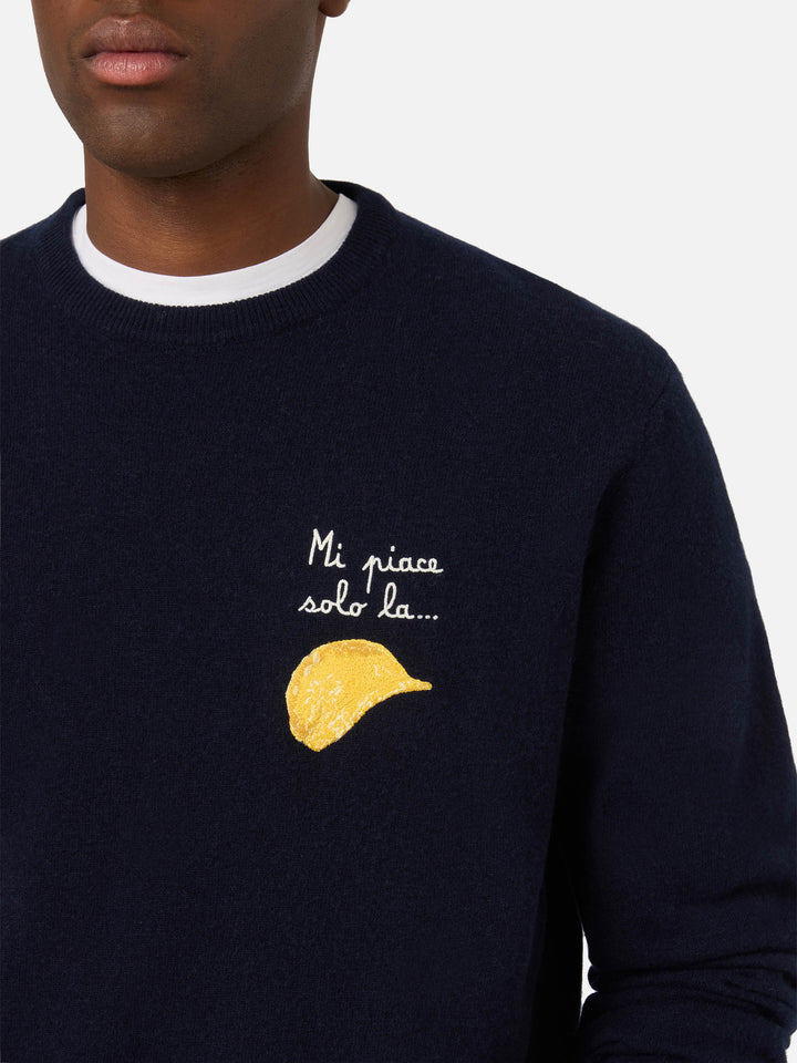 Navy blue Heron Rundhalspullover aus leichtem Woll- und Kaschmir-Mix mit Amica Chips Stickerei | Special edition 