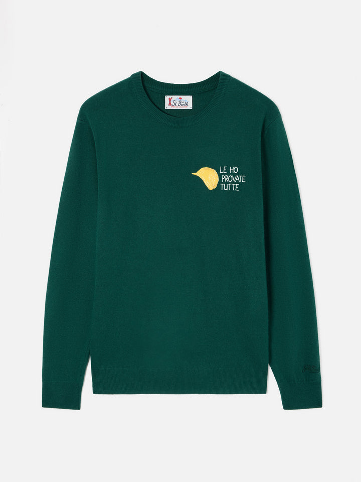Green Heron jersey de cuello redondo en mezcla de lana ligera y cachemira con bordado Amica Chips | Special edition 