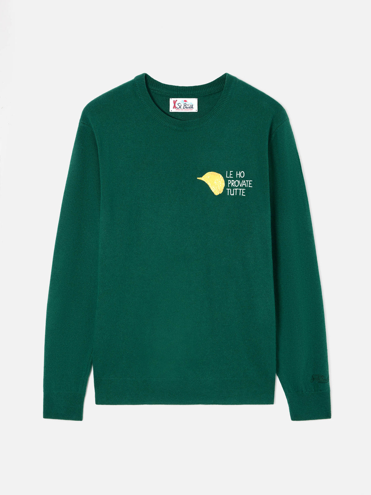 Green Heron jersey de cuello redondo en mezcla de lana ligera y cachemira con bordado Amica Chips | Special edition 