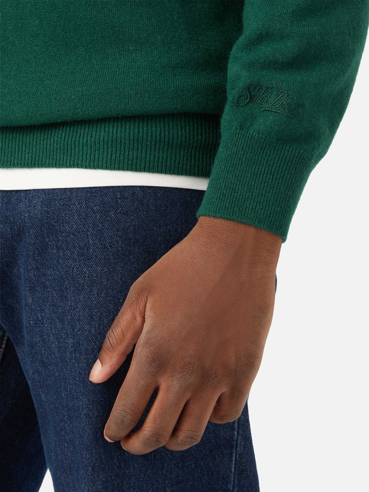Green Heron jersey de cuello redondo en mezcla de lana ligera y cachemira con bordado Amica Chips | Special edition 