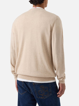 Jersey de cuello redondo Beige Heron en mezcla ligera de lana y cachemira con bordado Amica Chips | Special edition 