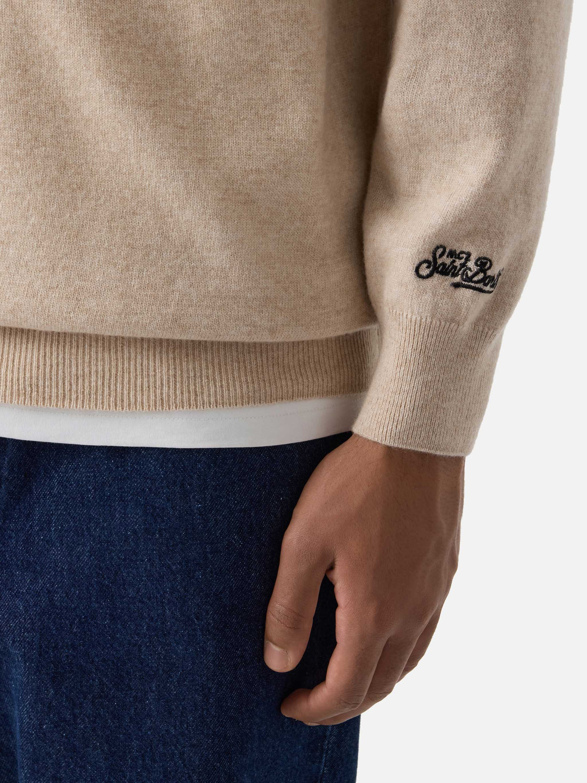 Jersey de cuello redondo Beige Heron en mezcla ligera de lana y cachemira con bordado Amica Chips | Special edition 