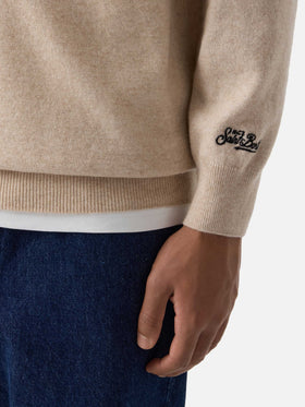 Jersey de cuello redondo Beige Heron en mezcla ligera de lana y cachemira con bordado Amica Chips | Special edition 