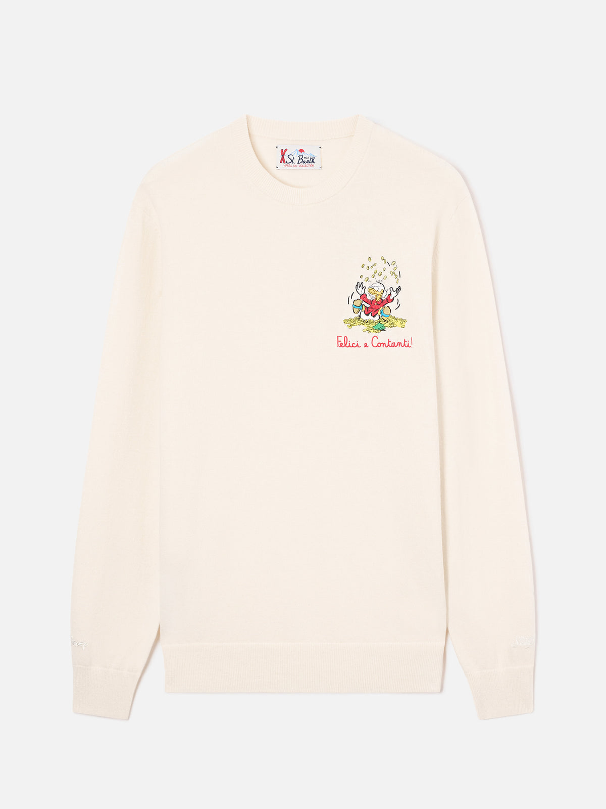 Jersey de cuello redondo Heron Light en mezcla de lana y cachemira color blanco roto con bordado de Scrooge McDuck | Special edition 
