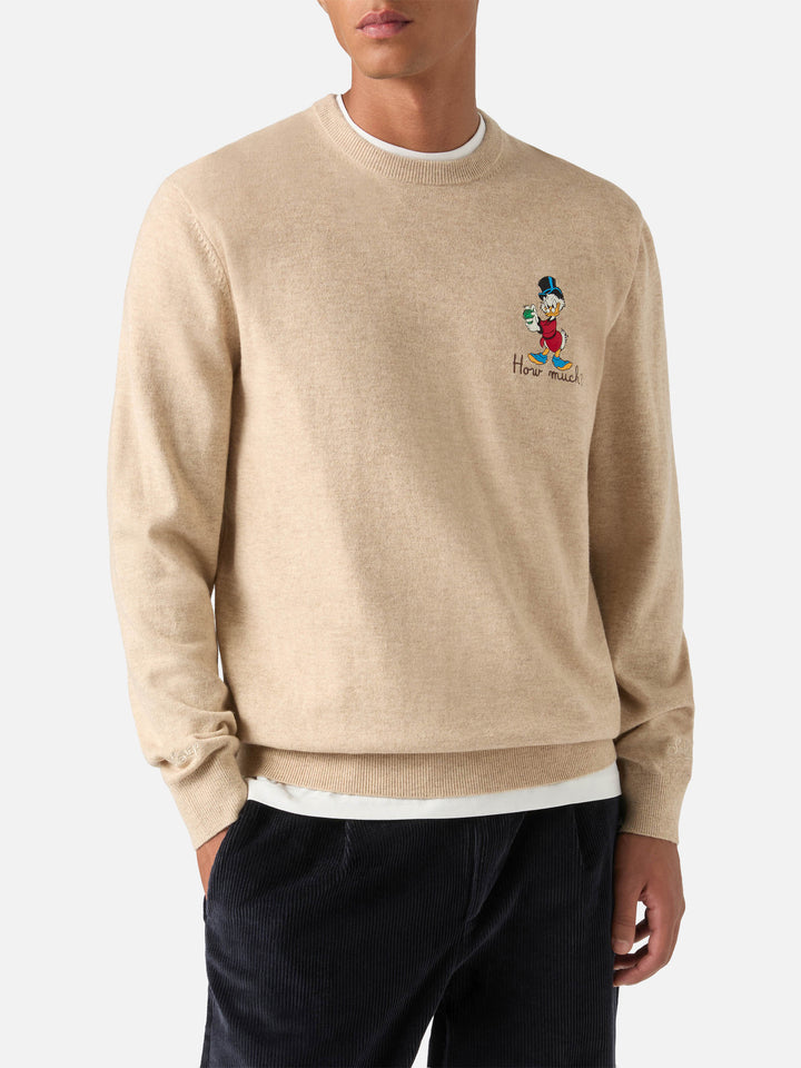 Pull col rond Beige Heron en mélange de laine légère et cachemire avec broderie Scrooge McDuck | Special edition 
