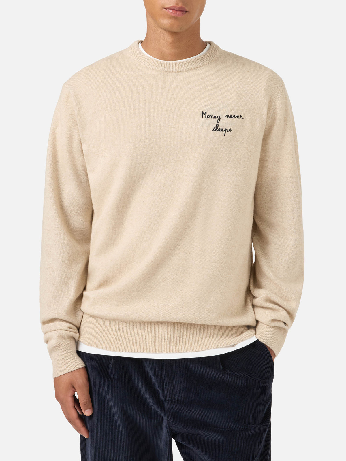 Pull en maille à col rond Heron Light en beige avec broderie Wall Street Money Sleep 