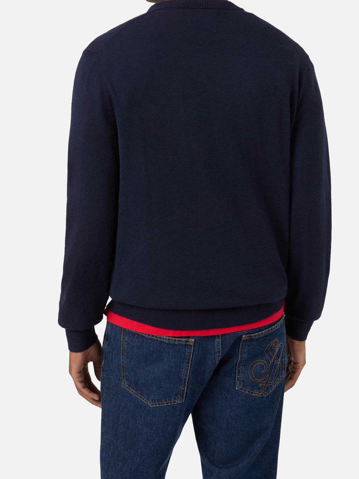 Navy blue Heron Light wool and cashmere blend crewneck with Big 4 embroidery