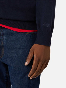 Navy blue Heron Light wool and cashmere blend crewneck with Big 4 embroidery