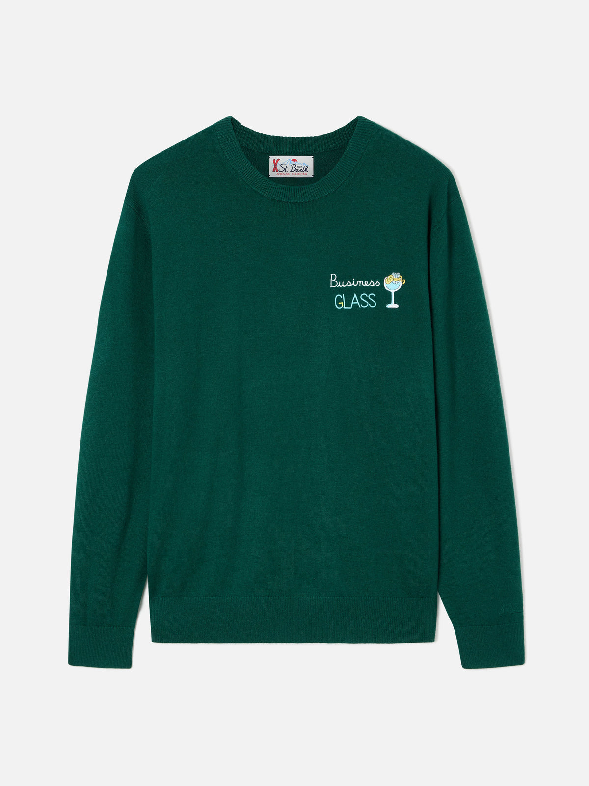 Green Heron Light wool and cashmere blend crewneck with Business Glass embroidery