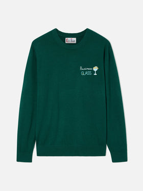 Green Heron Light wool and cashmere blend crewneck with Business Glass embroidery