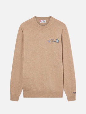 Pull col rond Beige Heron en mélange léger de laine et de cachemire avec broderie Gintleman 