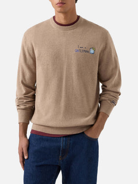 Pull col rond Beige Heron en mélange léger de laine et de cachemire avec broderie Gintleman 