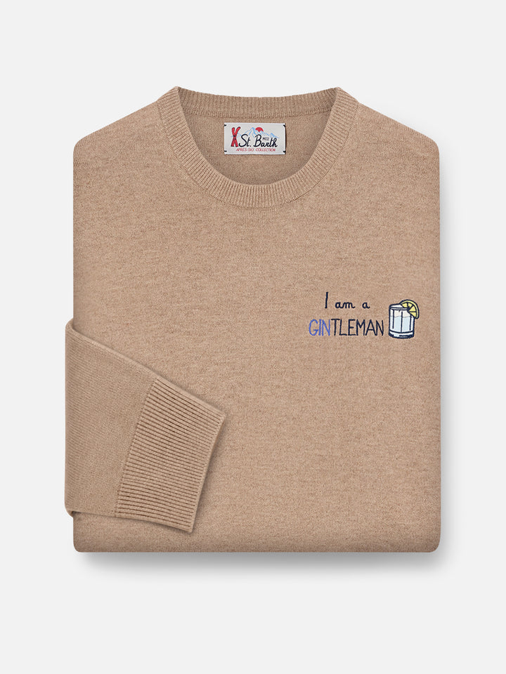 Beige Heron Light wool and cashmere blend crewneck with Gintleman embroidery