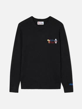 Jersey de cuello redondo Black Heron en mezcla ligera de lana y cachemir con bordado Rum & Cola 