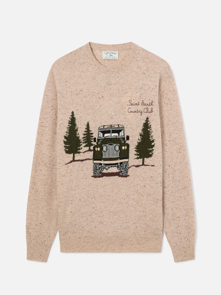 Beige Heron Donegal knit crewneck with Country Club intarsia and embroidery
