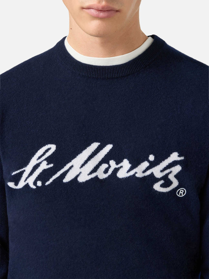 Maglione Heron Light in 100% CASHMERE blu con intarsio St. Moritz | ST. MORITZ TOP OF THE WORLD