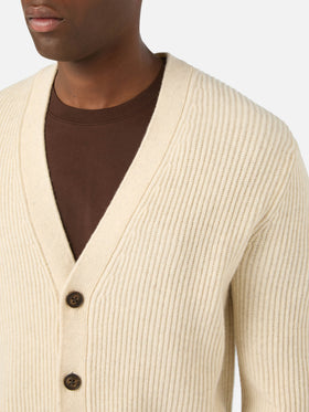 Beige Herrison wool ribbed cardigan