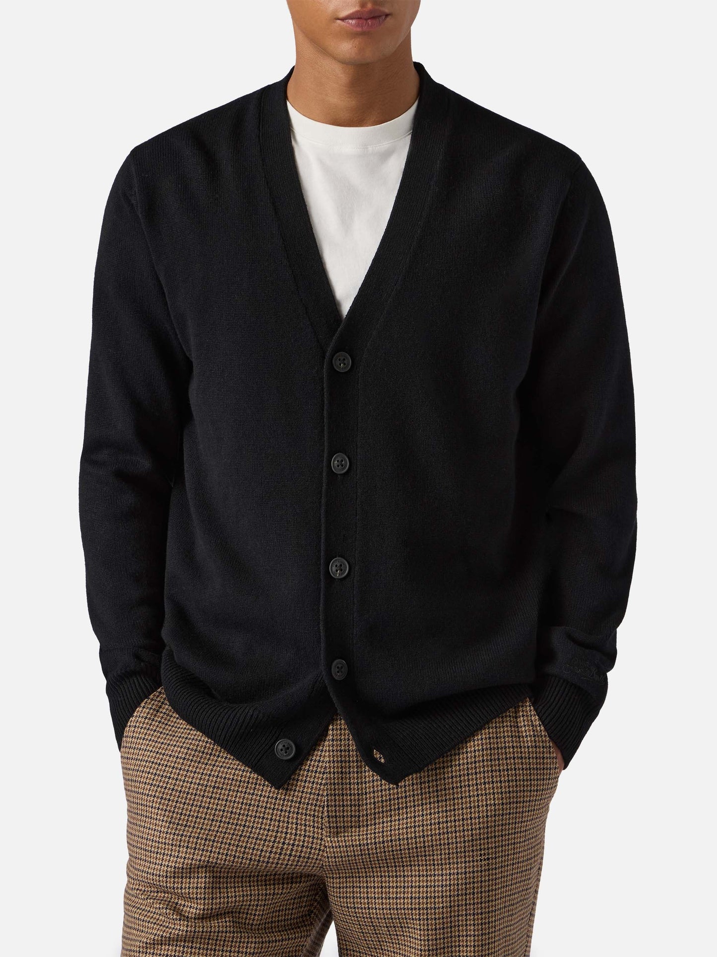 Cardigan Herrison in pura lana nero a coste inglesi