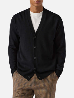 Cardigan Herrison in pura lana nero a coste inglesi