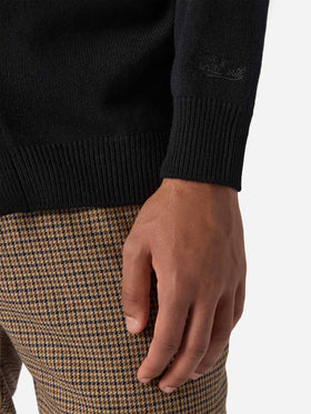 Cardigan Herrison in pura lana nero a coste inglesi