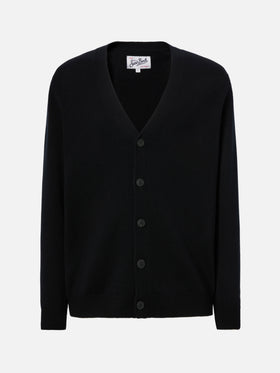 Cardigan Herrison in pura lana nero a coste inglesi