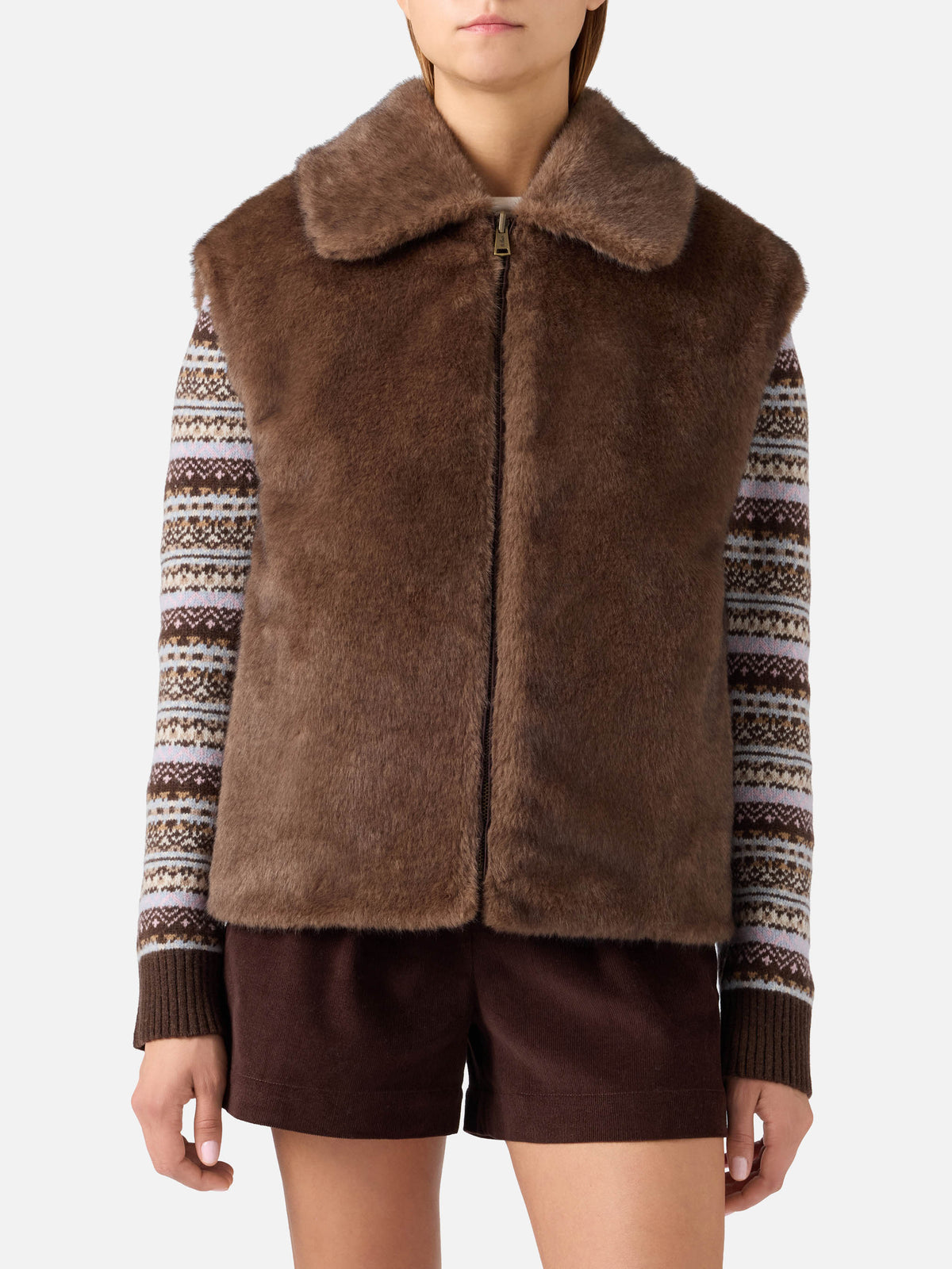 Gilet Hesketh marrone scuro reversibile in tessuto cerato ed effetto pelliccia