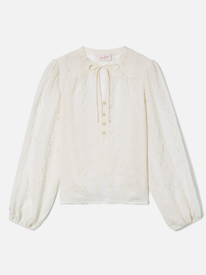 Blusa Harper in ramie beige con motivo ricamato