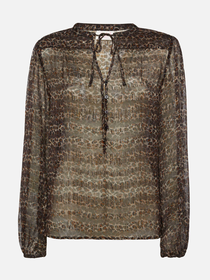 Harper silk voile blouse in lurex silk voile with animalier print