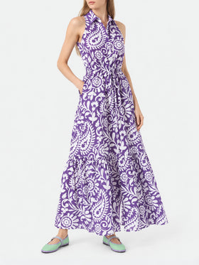Robe longue Ida en coton violet avec imprimé cachemire 