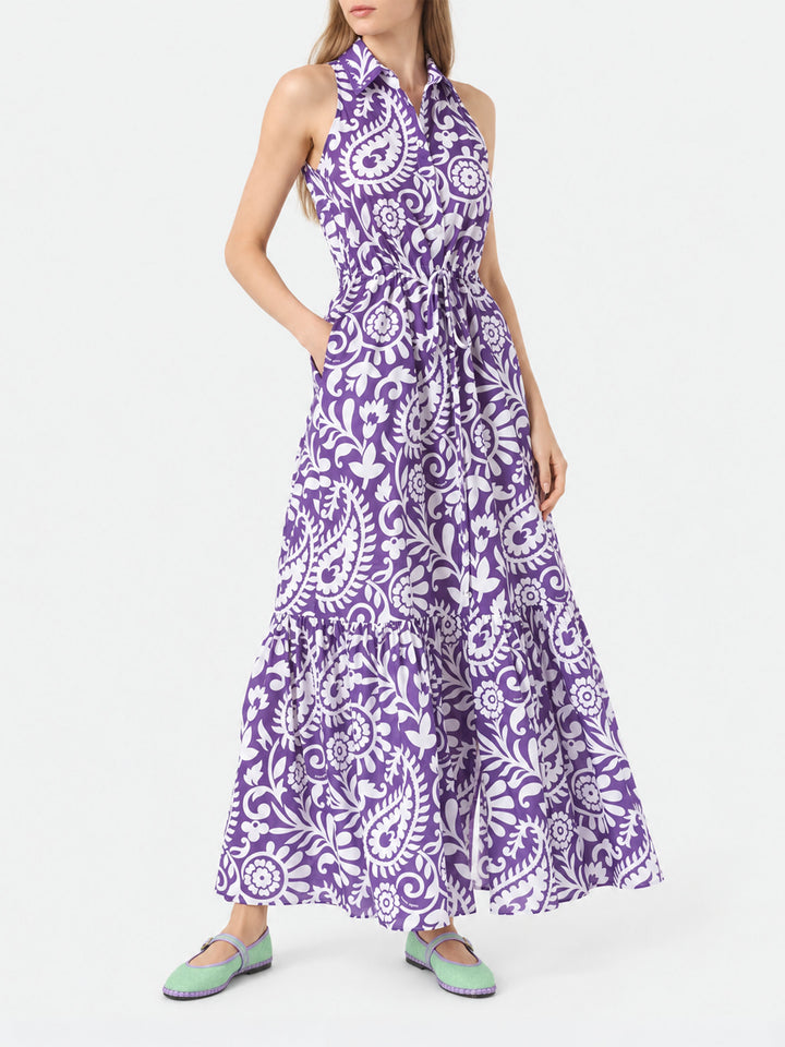 Robe longue Ida en coton violet avec imprimé cachemire 