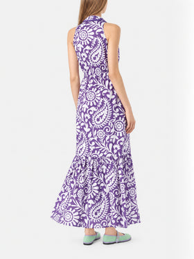 Robe longue Ida en coton violet avec imprimé cachemire 